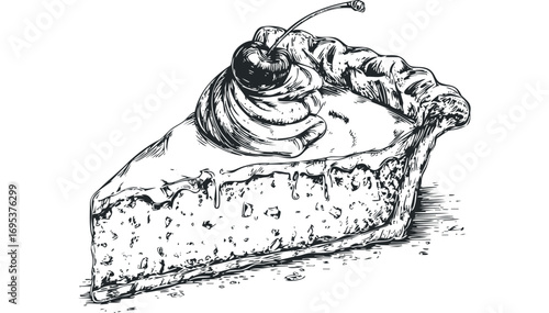 Hand drawn slice of pie with whipped cream and cherry. Vector hand drawn illustration