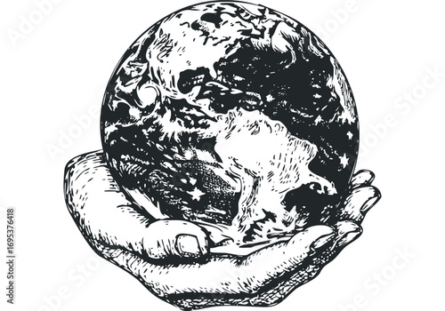 Hand cradling planet Earth sketch on transparent background. Vector hand drawn illustration