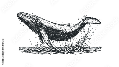 Humpback whale breaching ocean water. Vector hand drawn illustration