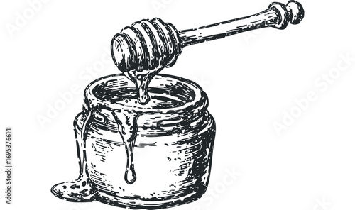 Hand drawn sketch of honey jar with dipper on transparent. Vector hand drawn illustration