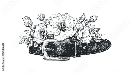 Ink Drawing of a Leather Belt Adorned With Flowers. Vector hand drawn illustration