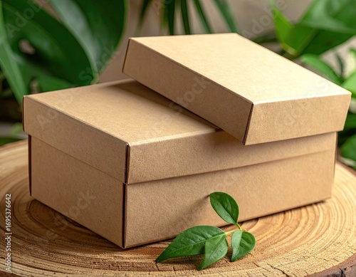Recycled Paper Boxes on Wooden Surface with Greenery
