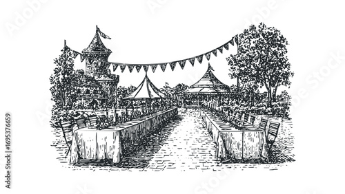 Celebratory event setup with tables, chairs, and tents near a castle. Vector hand drawn illustration