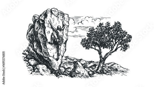 Person scaling large rock face with tree and clouds above. Vector hand drawn illustration