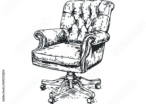 Tufted Swivel Chair with Casters. Vector hand drawn illustration