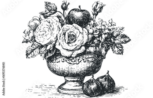 Line drawing of fruit and roses in an ornate urn on transparent background. Vector hand drawn illustration