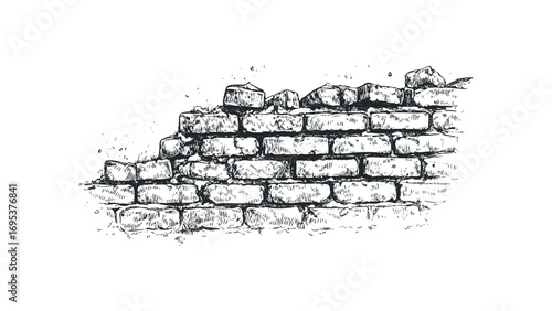 Hand drawn crumbling brick wall section on transparent background. Vector hand drawn illustration