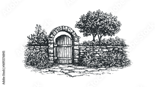 Stone archway with wooden gate and lush foliage on transparent background. Vector hand drawn illustration