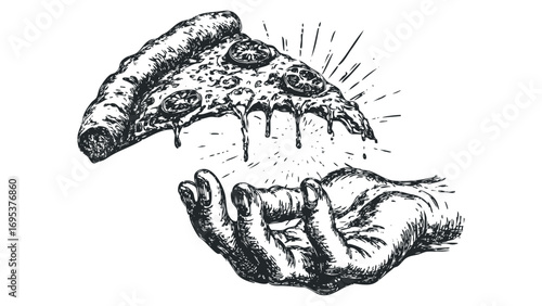 Hand presenting melting slice of pizza with tomato and cheese. Vector hand drawn illustration