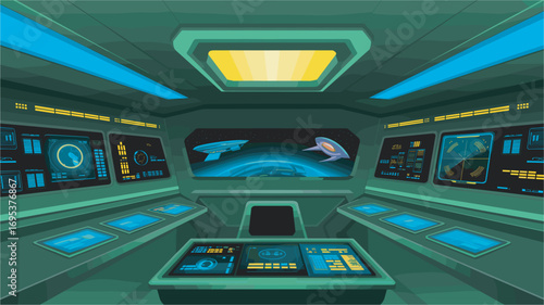 Advanced Spaceship Bridge with Holographic Displays and Control Consoles
