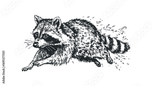 Dynamic raccoon running, sketch on transparent background. Vector hand drawn illustration