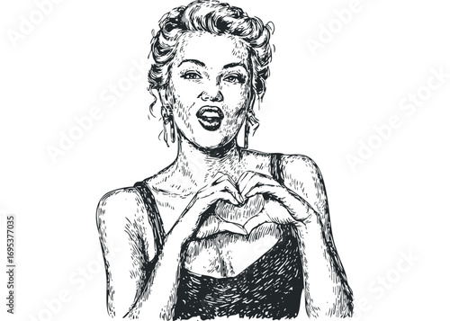 Woman forms heart shape with hands, expressive face, sketch style. Vector hand drawn illustration