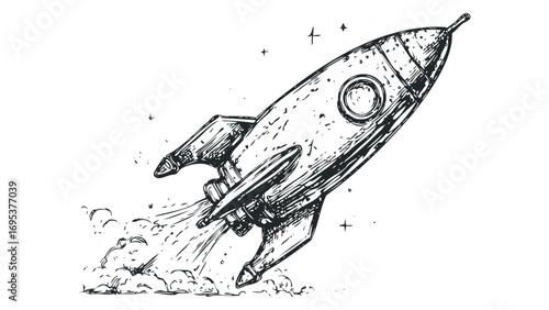Sketchy Rocket Launching with Exhaust Clouds Transparent. Vector hand drawn illustration