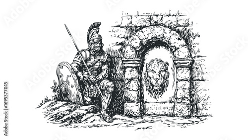 Ancient Roman soldier with spear and shield guarding stone archway with lion head carving. Vector hand drawn illustration