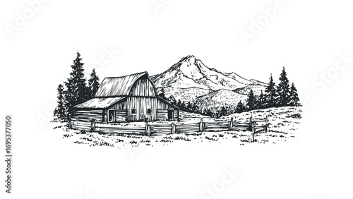 Sketch of rustic barn with wooden fence and pine trees against mountain range. Vector hand drawn illustration