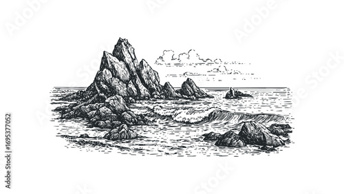 Pencil sketch of rocky seaside with crashing waves and distant clouds. Vector hand drawn illustration