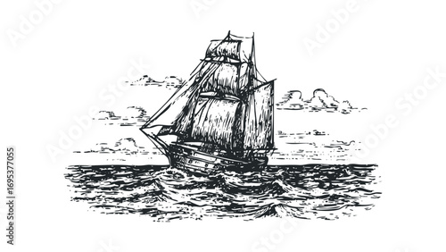 Vintage sailing ship with full sails on choppy ocean waves. Vector hand drawn illustration