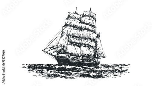 Vintage tall ship sailing through rough ocean waves. Vector hand drawn illustration