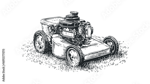 Hand Drawn Engine Lawn Mower on Grass. Vector hand drawn illustration