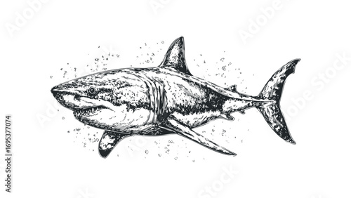 Pencil sketch of a large shark swimming in clear water. Vector hand drawn illustration