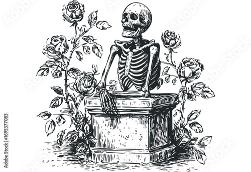 Skeleton emerging from stone structure surrounded by roses on transparent background. Vector hand drawn illustration