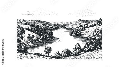 Hills and Lake Landscape Image on Transparent Background. Vector hand drawn illustration