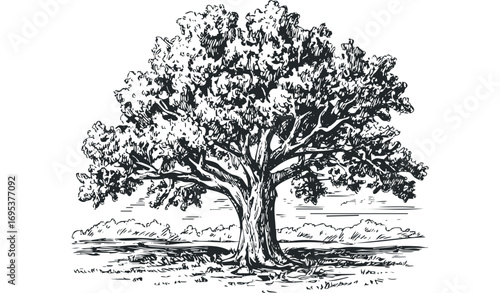 Monochromatic sketch of a large, mature tree with dense foliage and visible branches. Vector hand drawn illustration