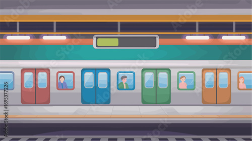 Cartoon Subway Station Platform with Train and Passengers Illustration