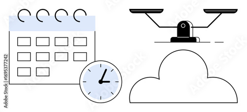 Calendar, clock, scales, and cloud representing planning, time measurement, choices, productivity, load balancing effective decision-making. Ideal for organization schedules teamwork business