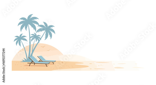 relaxing beach scene with palm trees and lounge chairs