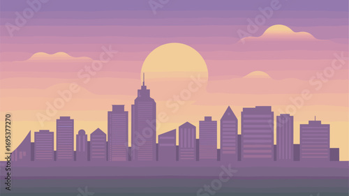 Cityscape Silhouette at Sunset with Warm Colors and Modern Architecture