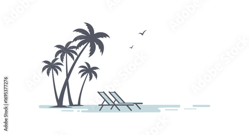 relaxing beach scene with palm trees and lounge chairs