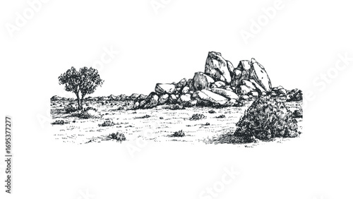 Pencil drawing of a rugged desert landscape with sparse vegetation and large rock formations. Vector hand drawn illustration