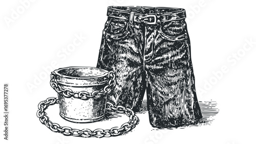 Old Jeans and Metal Bucket with Chain. Vector hand drawn illustration