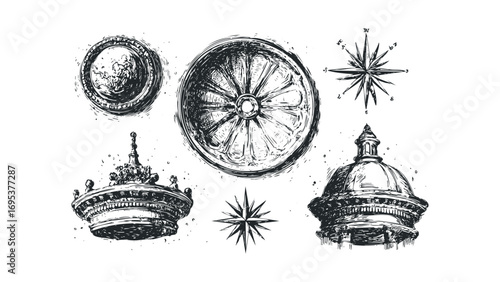 Sketch elements of crown, compass, and architectural dome on. Vector hand drawn illustration