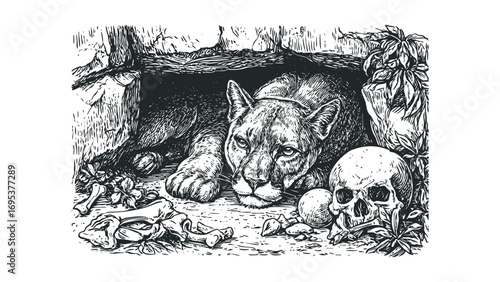 Line art of a cougar resting by bones and a human skull in a den. Vector hand drawn illustration