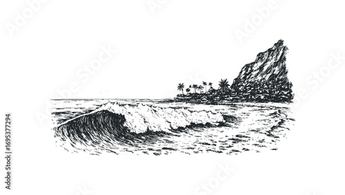 Sketch of a Tropical Beach Scene with Crashing Wave and Palm Trees. Vector hand drawn illustration
