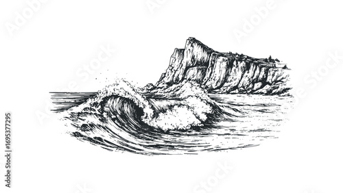 Rugged coastal cliffs meeting crashing ocean waves in ink sketch style. Vector hand drawn illustration