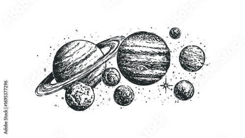 Engraving style planets and moons on transparent. Vector hand drawn illustration