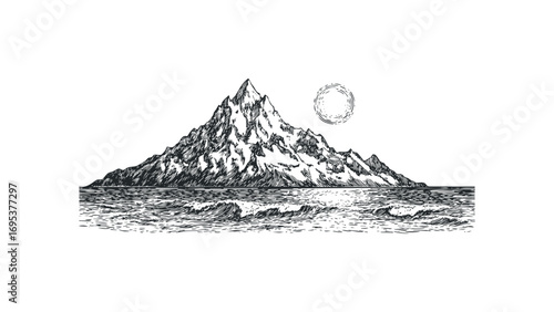 Pristine Mountain Peak Over Crashing Ocean Waves on White Background. Vector hand drawn illustration