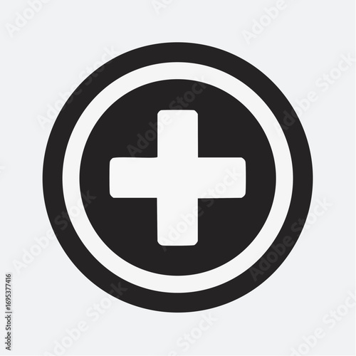 Black and white medical cross symbol inside a circle on a light grey background, representing healthcare and assistance