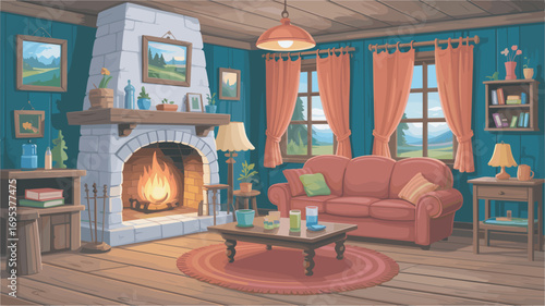 Cozy Cabin Interior with Fireplace and Rustic Furniture Vector Design