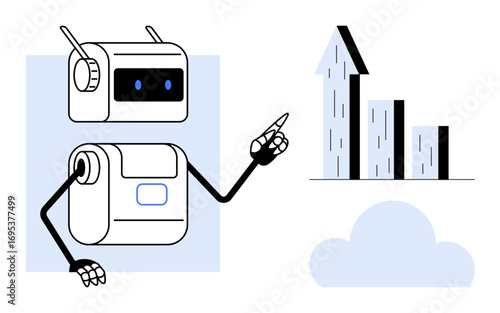 Robot making analytical gesture toward upward trending bar graph and arrow above a cloud. Ideal for data analysis, technology, AI, automation, progress, innovation, and simple landing page