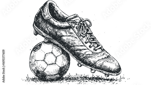 Hand drawn soccer ball and cleat on grass. Vector hand drawn illustration