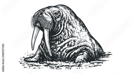 Hand drawn sketch of a walrus with tusks on transparent background. Vector hand drawn illustration