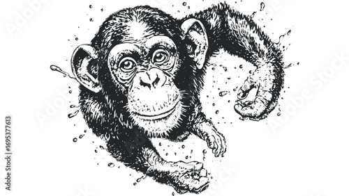 Chimpanzee splashing water image on transparent background. Vector hand drawn illustration