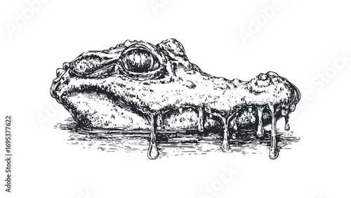Line drawing of alligator head with dripping substance on transparent. Vector hand drawn illustration