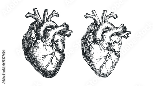 Two vintage anatomical human heart sketches on transparent background. Vector hand drawn illustration