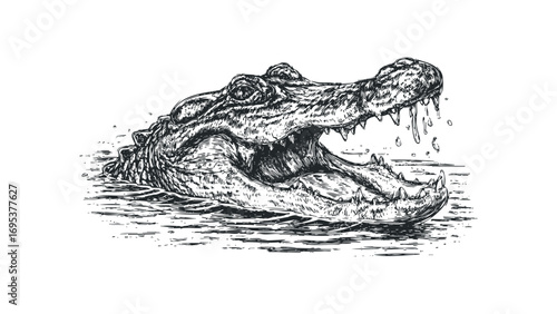 Alligator emerges from water with mouth open, sketch style. Vector hand drawn illustration