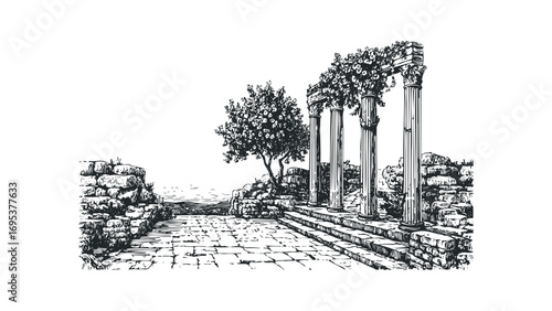 Ancient Greek stone ruins with columns and trees on a cobbled path. Vector hand drawn illustration